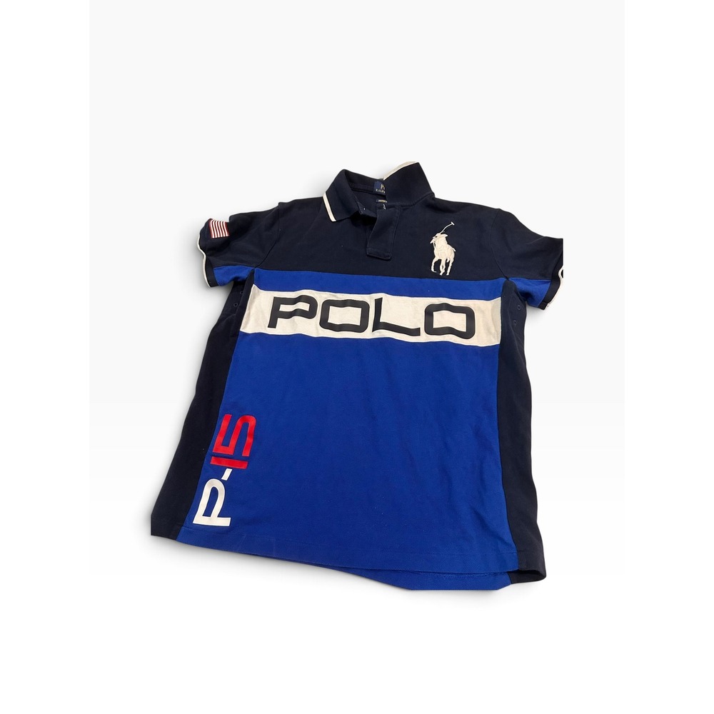 Polo Ralph Lauren Mens Custom Slim Fit Big Pony Colorblock Polo Navy Blue M